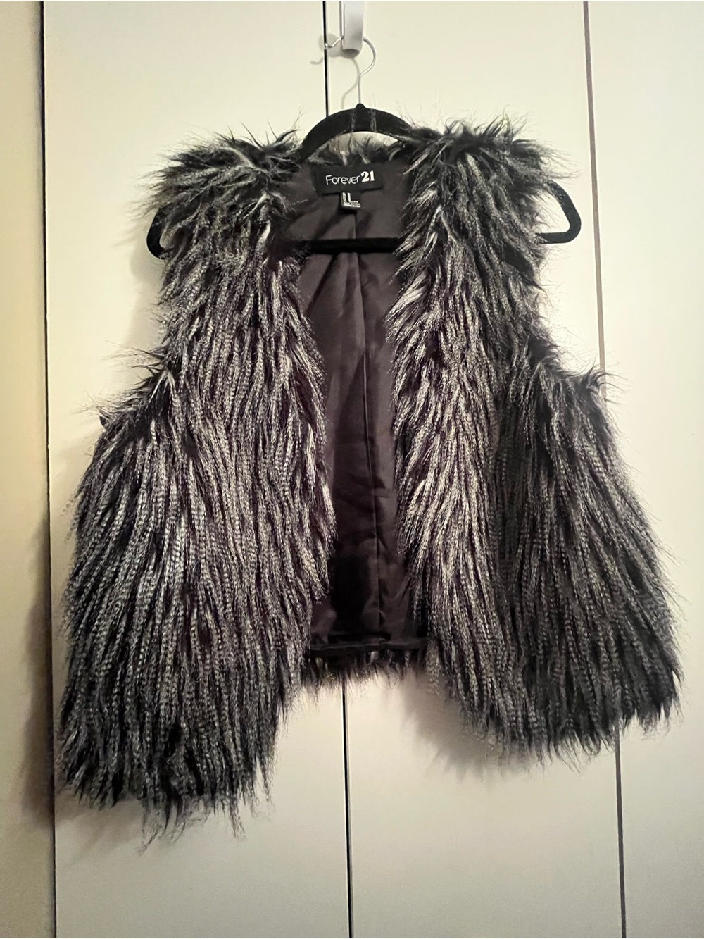 Forever 21 Black Faux Fur Vest with Gray-Trim. Mob wife. Festival. Edgy. Grunge.